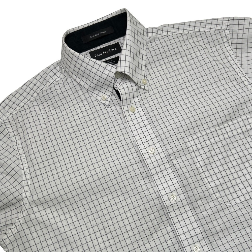 Paul Fredrick Men Tailored Fit Non-Iron Windowpane Button Down Shirt 16x34 White
